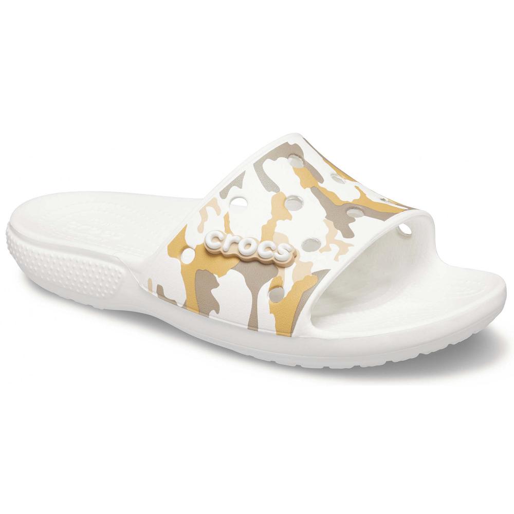 Brown / White Women's Crocs Classic Printed Camo Slides | NZ 0603TCEV